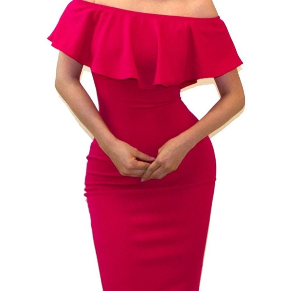 ✨FTF✨Off Shoulder Ruffle BodyCon Dress Magenta 14